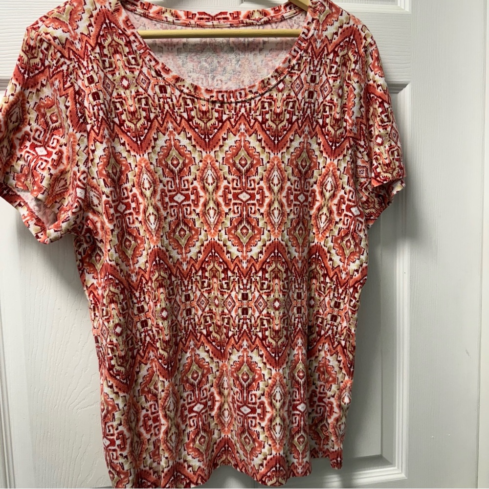 Gloria Vanderbilt Orange and Tan Short Sleeve Shirt Cotton Top Women XL